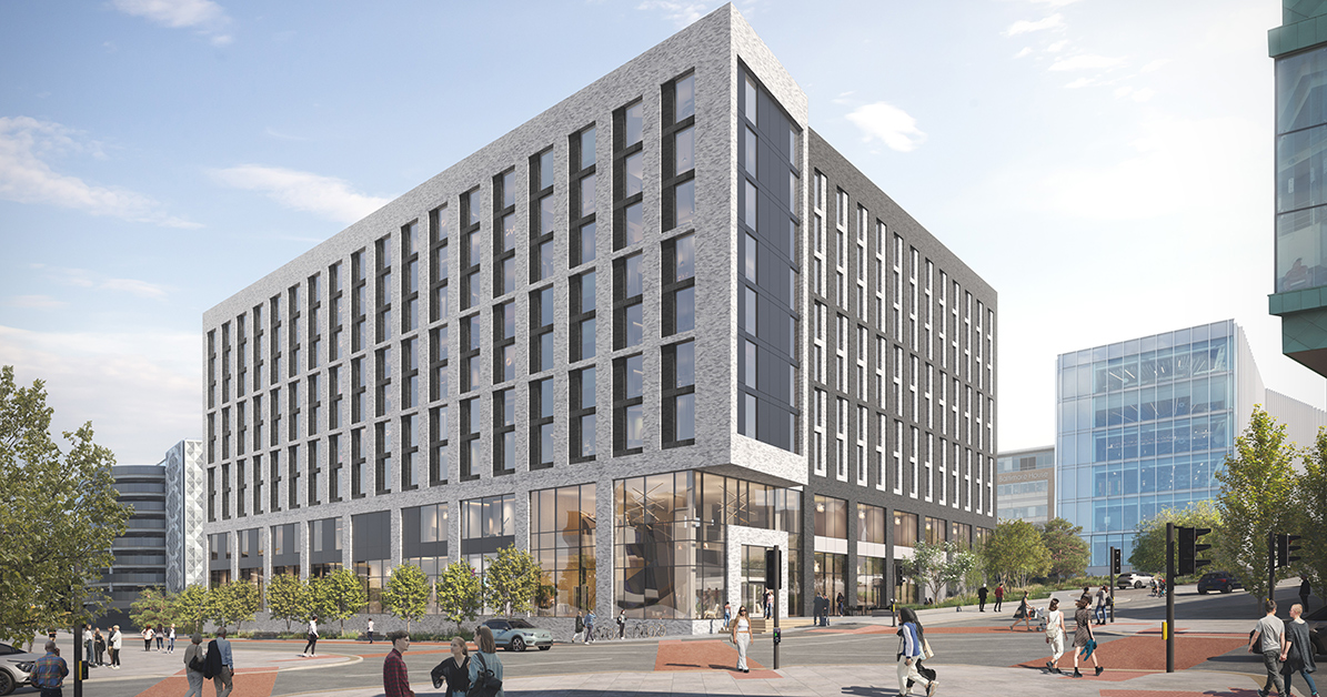 A photograph featuring a 3D render of the exterior of Gateshead Quayside hotel