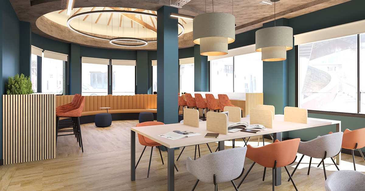 A photograph of the new seating and working area within Wizu at Portland House.