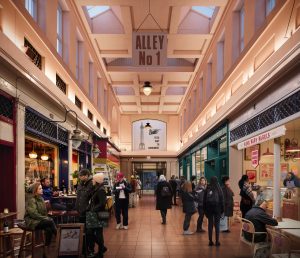 CGI interpretation of the one of the alleys in Grainger Market with new moody lighting