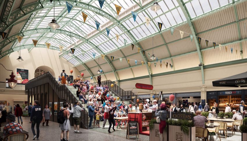 CGI interpretation of the new Arcade area of the Grainger Market with new event space and seating in the middle.