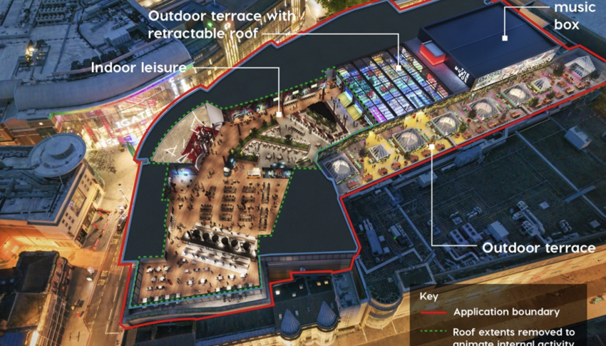 CGI image of what the rooftop of Eldon Square could look like with seating and a food and drink offering.