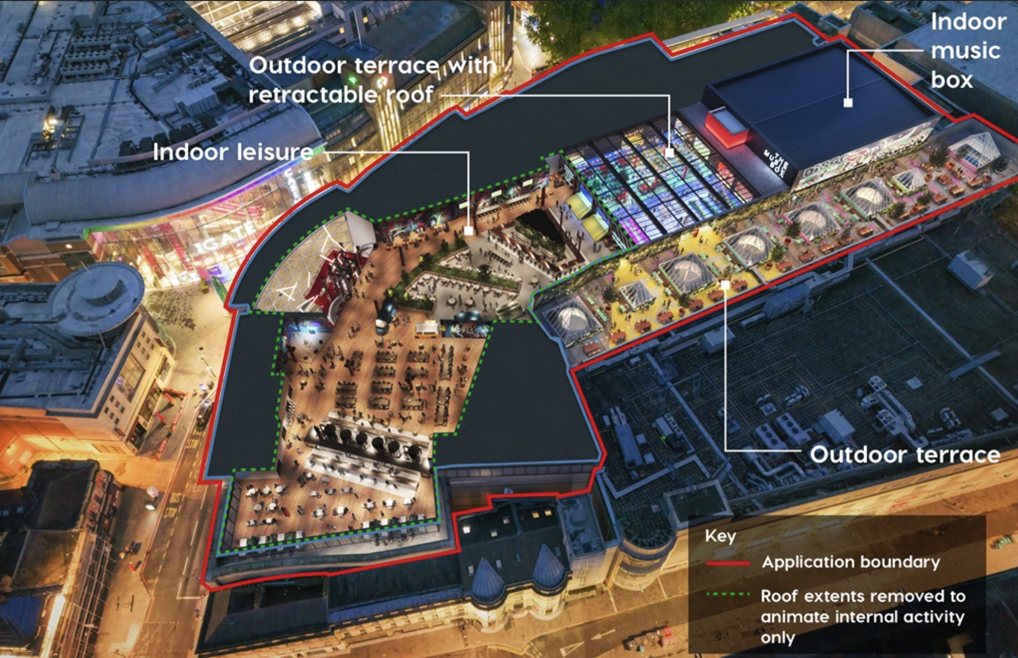 CGI image of what the rooftop of Eldon Square could look like with seating and a food and drink offering.